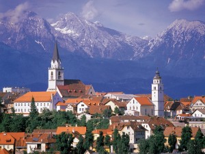 Town view of Kranj, Slovenia, mountain landscape