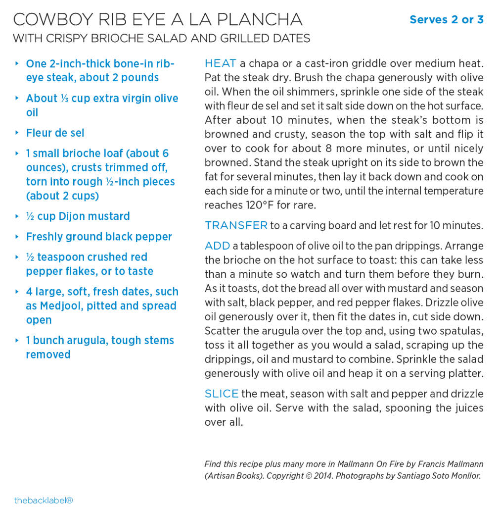 Cowboy Rib Eye a la Plancha with Crispy Brioche Salad and Grilled Dates